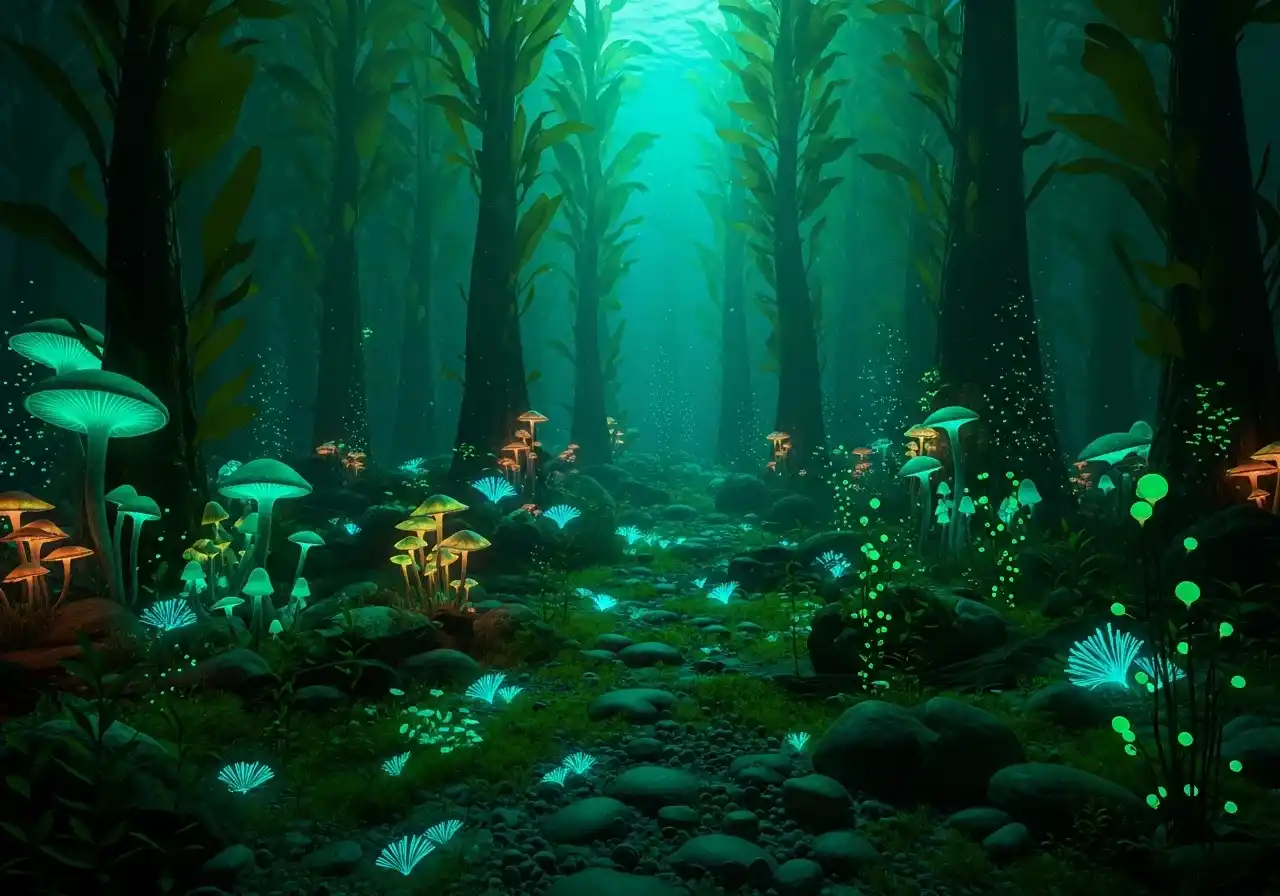 Mystisk skog med måneskinn og glødende partikler i Shadow Forest