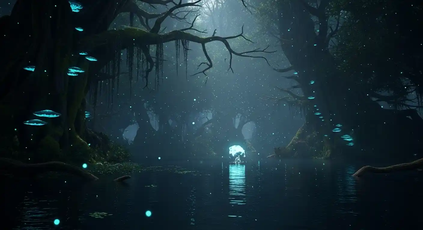 Mørk skog med glødende partikler i Shadow Forest-spillet